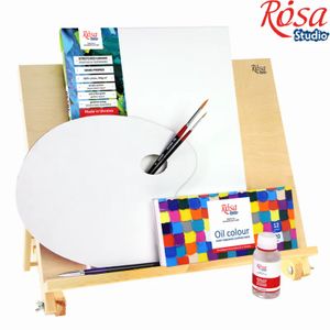 Набор масляных красок 12 цв, 20мл+3 кисти +подрамн. 30х40мм +  мольберт + палитра + картон. коробка, Роса(Rosa Studio)
