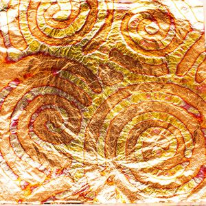 Цветная поталь оксид, №02 Оранжевые круги на золотом фоне, 5 листов, 14 на 14 см