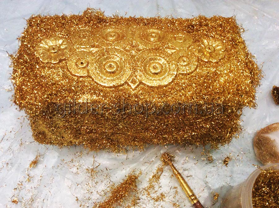 золочение шкатулки золотой поталью сухая патина золотая вата